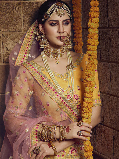 Myra Yellow Heavy Embroidered Organza Lehenga