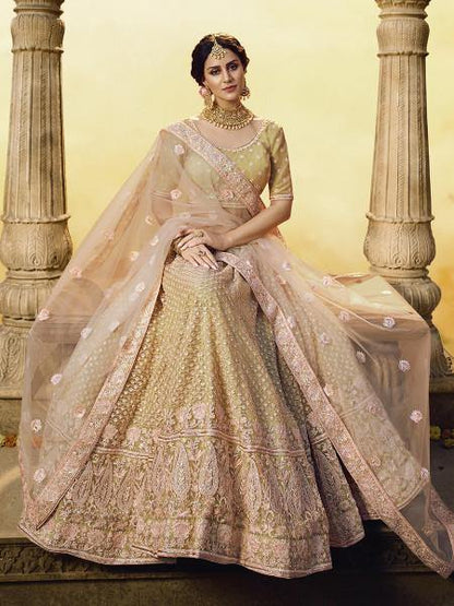 Myra Golden Heavy Embroidered Georgette Lehenga