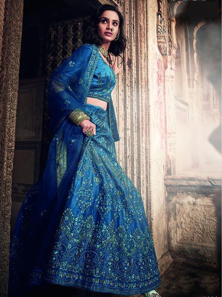 Myra Kerosene Blue Art Silk Embroidered Lehenga