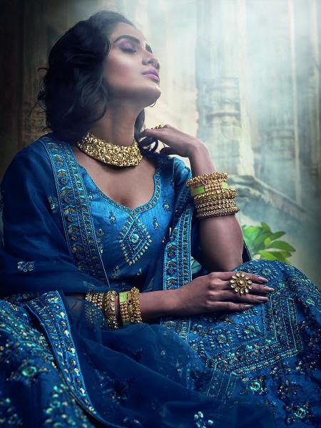 Myra Kerosene Blue Art Silk Embroidered Lehenga
