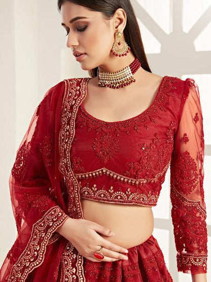 Myra Red Heavy Embroidered Net Lehenga