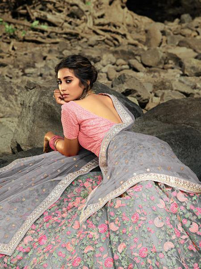 Myra Pink and Grey Net Embroidered Lehenga