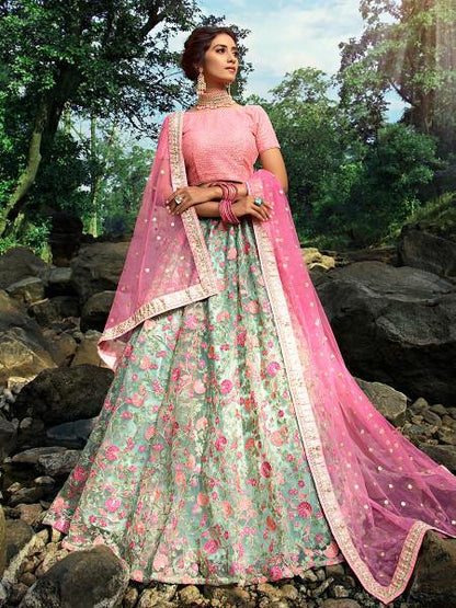 Myra Pink and Light Green Embroidered Net Lehenga