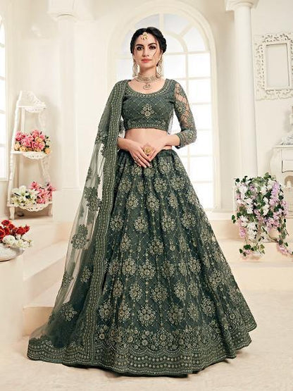 Myra Dark Olive Heavy Embroidered Net Lehenga