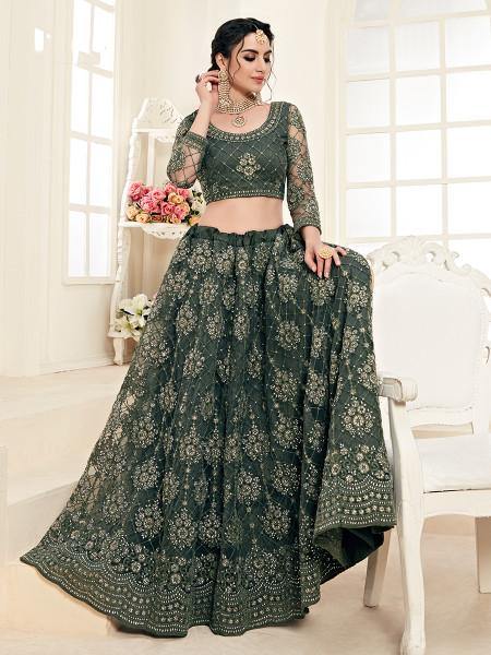 Myra Dark Olive Heavy Embroidered Net Lehenga