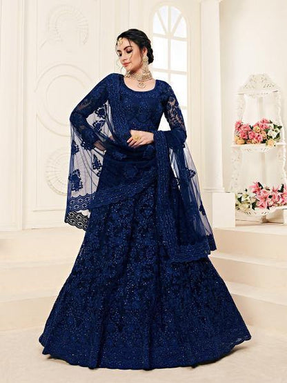 Myra Deep Blue Heavy Embroidered Net Lehenga