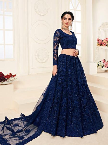 Myra Deep Blue Heavy Embroidered Net Lehenga