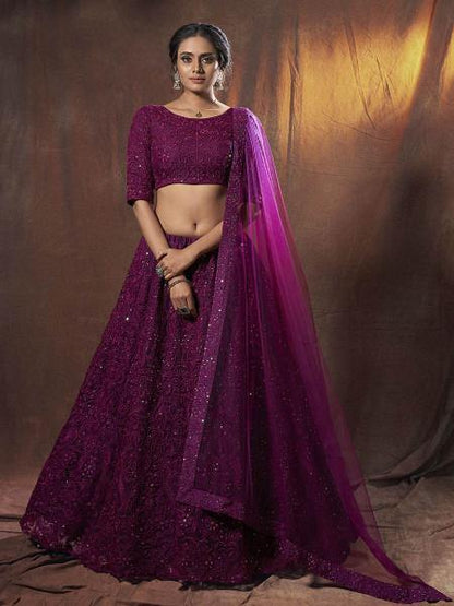 Myra Wine Embroidered Soft Net Lehenga