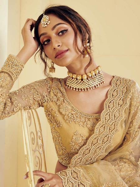 Myra Golden Heavy Embroidered Net bridal Lehenga