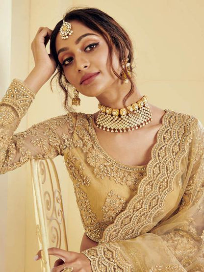 Myra Golden Heavy Embroidered Net bridal Lehenga