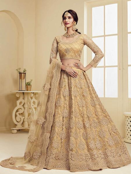 Myra Golden Heavy Embroidered Net Bridal Lehenga