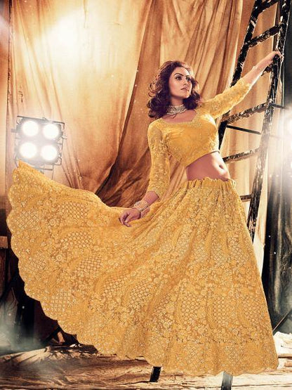Myra Musturd Yellow Heavy Embroidered Net bridal Lehenga