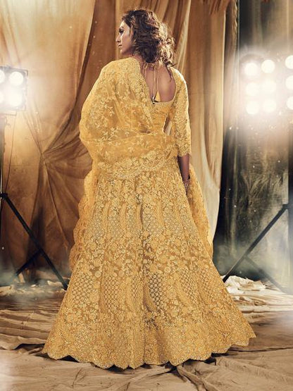 Myra Musturd Yellow Heavy Embroidered Net bridal Lehenga