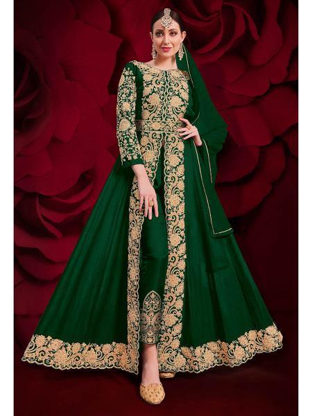 Myra Green Georgette Embroidered Anarkali Pant Style Suit