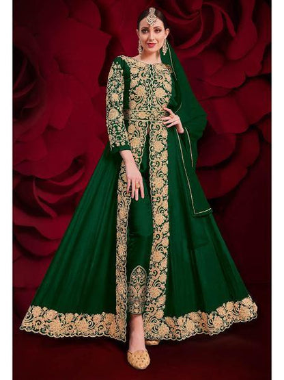 Myra Green Georgette Embroidered Anarkali Pant Style Suit