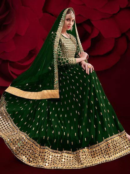 Myra Green Georgette Embroidered Anarkali Pant Style Suit