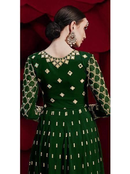 Myra Green Georgette Embroidered Anarkali Pant Style Suit