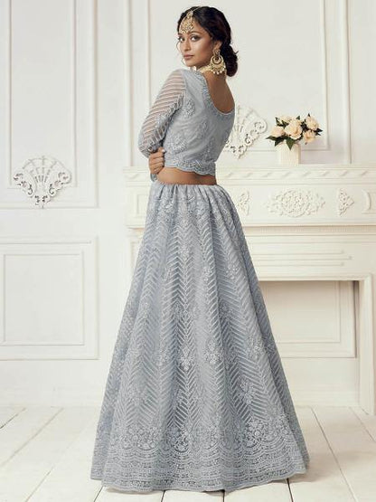 Myra Dusty Sea Blue Heavy Embroidered Net bridal Lehenga