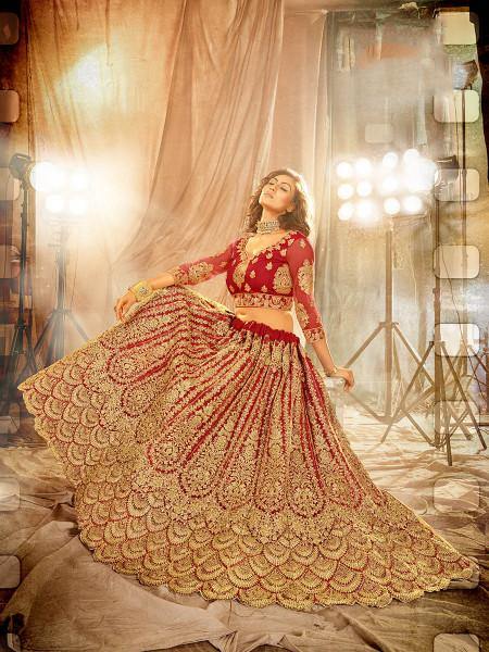 Myra Red Heavy Embroidered Net Lehenga