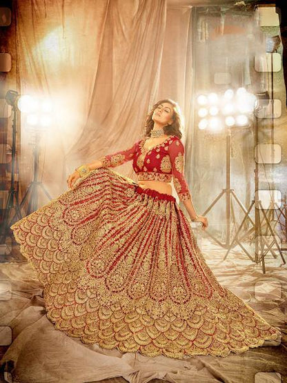 Myra Red Heavy Embroidered Net Lehenga