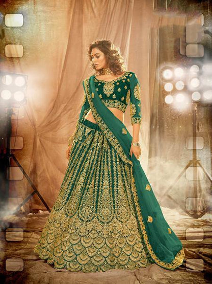 Myra Rama Green Heavy Embroidered Net Lehenga