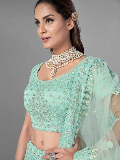 Myra Sea Green Heavy Embroidered Soft Net bridal Lehenga