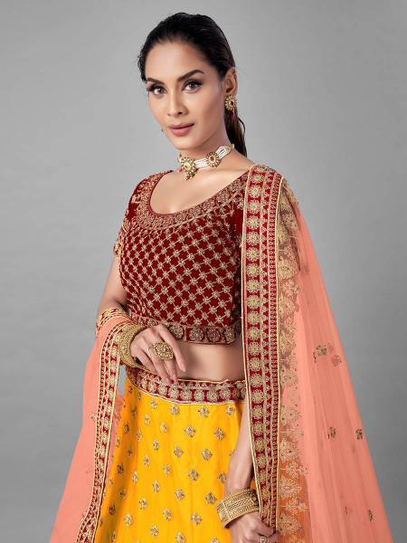 Myra Musturd Heavy Embroidered Soft Net and Velvet bridal Lehenga