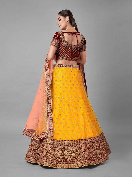Myra Musturd Heavy Embroidered Soft Net and Velvet bridal Lehenga