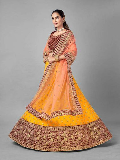 Myra Musturd Heavy Embroidered Soft Net and Velvet bridal Lehenga