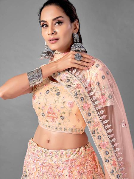 Myra Beautiful Peach Heavy Embroidered Soft Net Traditional Bridal Lehenga