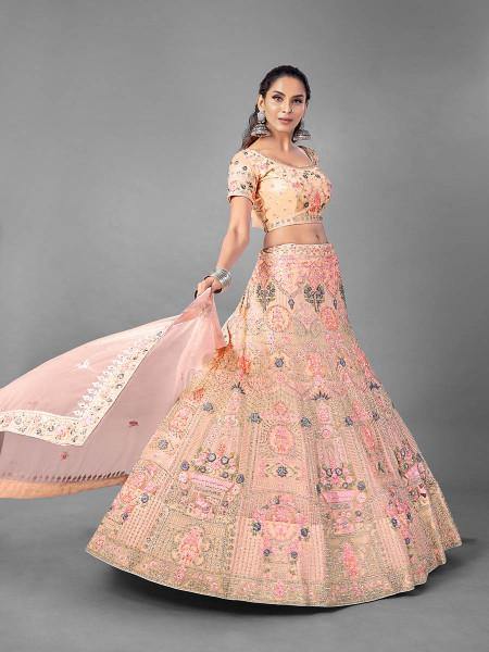 Myra Beautiful Peach Heavy Embroidered Soft Net Traditional Bridal Lehenga