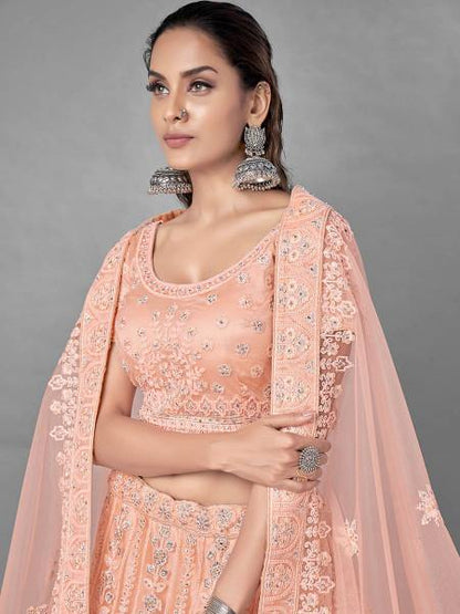 Myra Peach Heavy Embroidered Soft Net bridal Lehenga