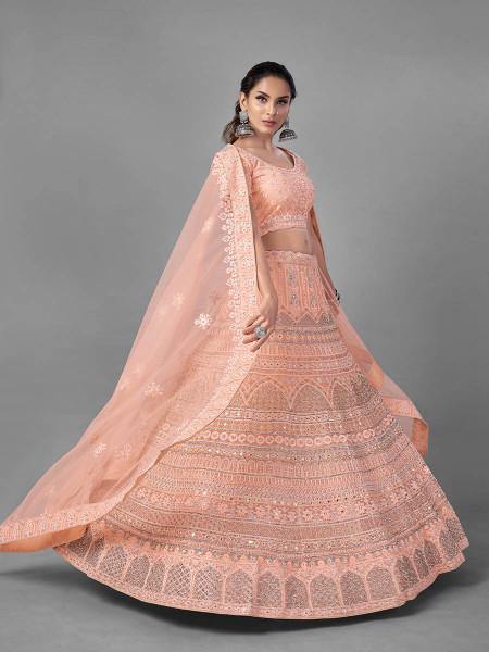 Myra Beautiful Peach Heavy Embroidered Soft Net Bridal Lehenga