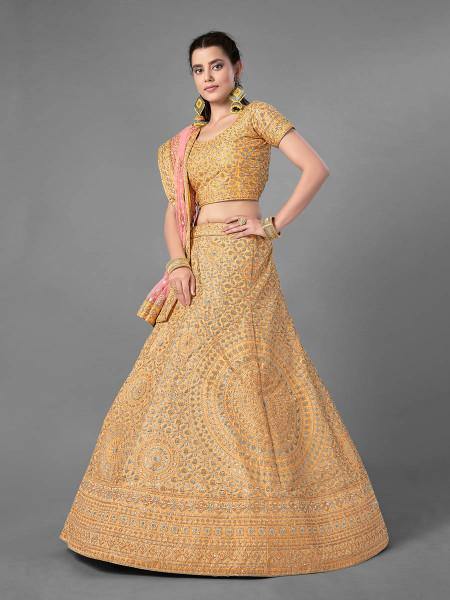 Myra Latest Yellow Heavy Embroidered Art Silk Bridal Lehenga