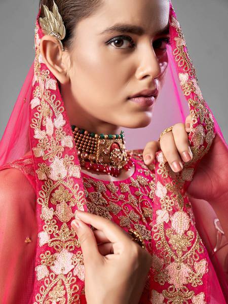 Myra Red Heavy Embroidered Soft Net bridal Lehenga