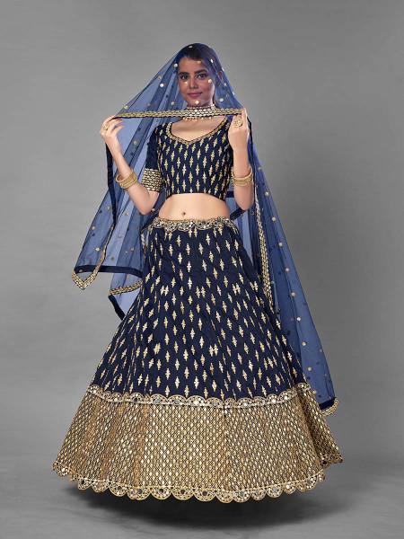 Myra Navy Blue Heavy Embroidered Art Silk Bridal Lehenga