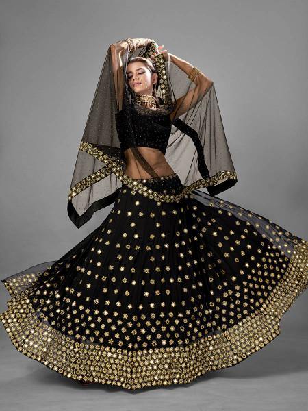 Myra Black Heavy Embroidered Georgette Bridal Lehenga