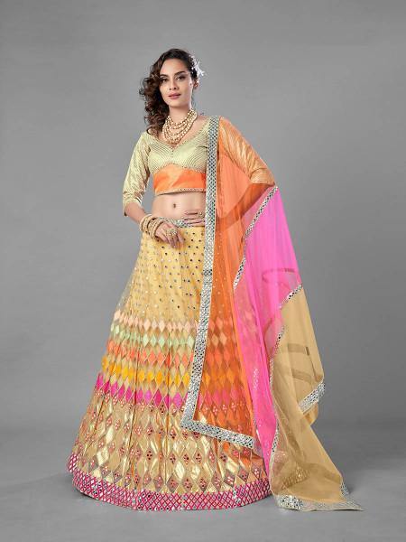 Myra Beige Heavy Embroidered Soft Net Bridal Lehenga