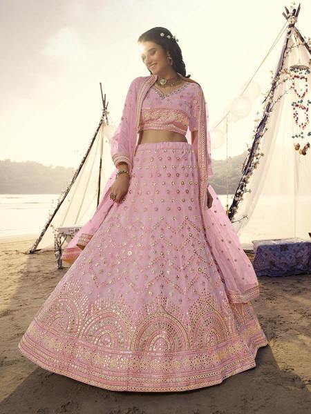 Myra Pink Heavy Embroidered Organza bridal Lehenga