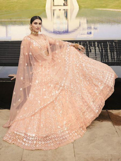 Myra Peach Heavy Embroidered Soft Net bridal Lehenga