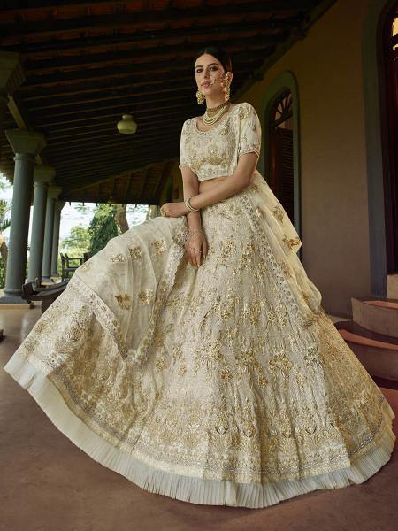 Myra Beautiful Off White Heavy Embroidered Georgette Traditional Bridal Lehenga