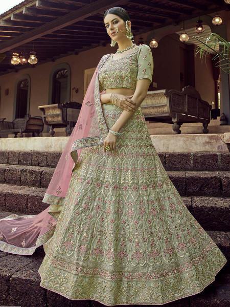 Myra Green Heavy Embroidered Georgette bridal Lehenga