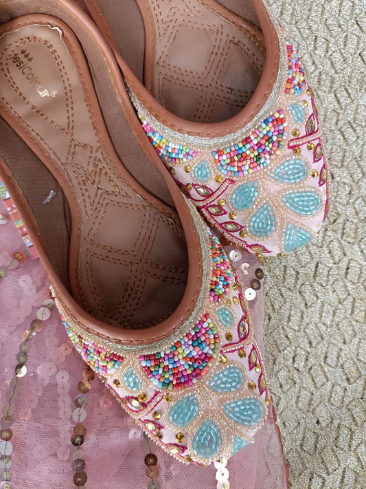 Desi Colour Women Indian Ethnic Footwear-Peach Multi Pearl
