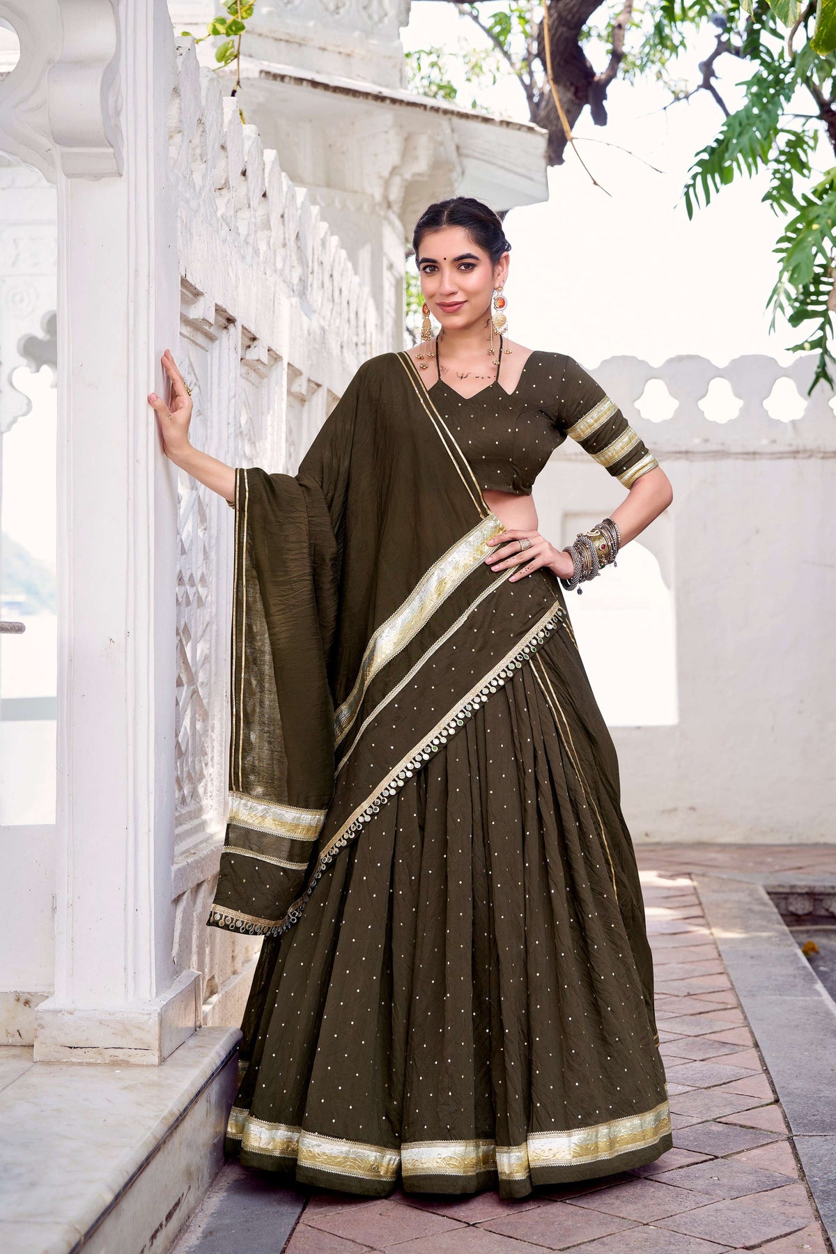 Lorenvalley Fashion Mahendi Pure Chanderi Zari Weaving Work With Embossed Design Lace Touch Up Lehenga Choli with Dupatta