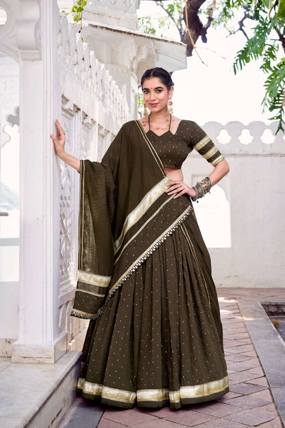 Lorenvalley Fashion Mahendi Pure Chanderi Zari Weaving Work With Embossed Design Lace Touch Up Lehenga Choli with Dupatta