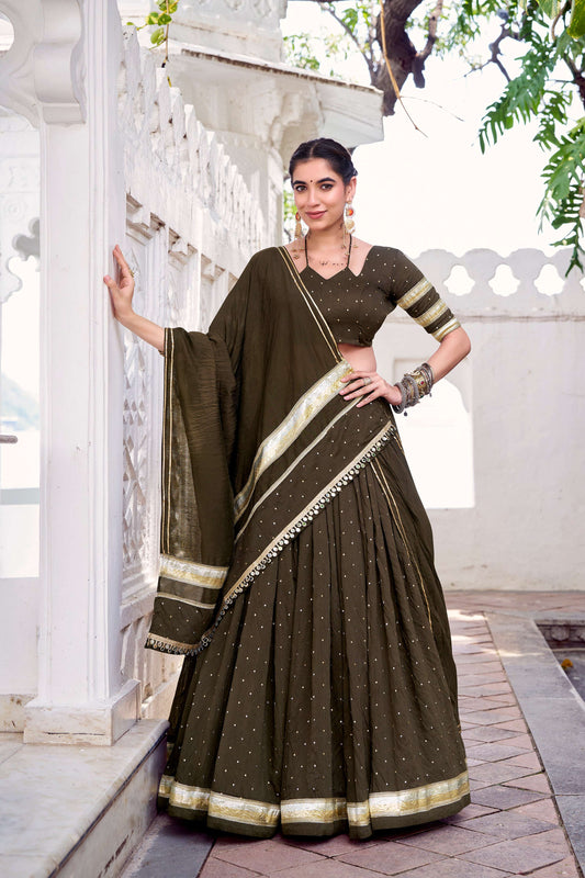 Lorenvalley Fashion Mahendi Pure Chanderi Zari Weaving Work With Embossed Design Lace Touch Up Lehenga Choli with Dupatta