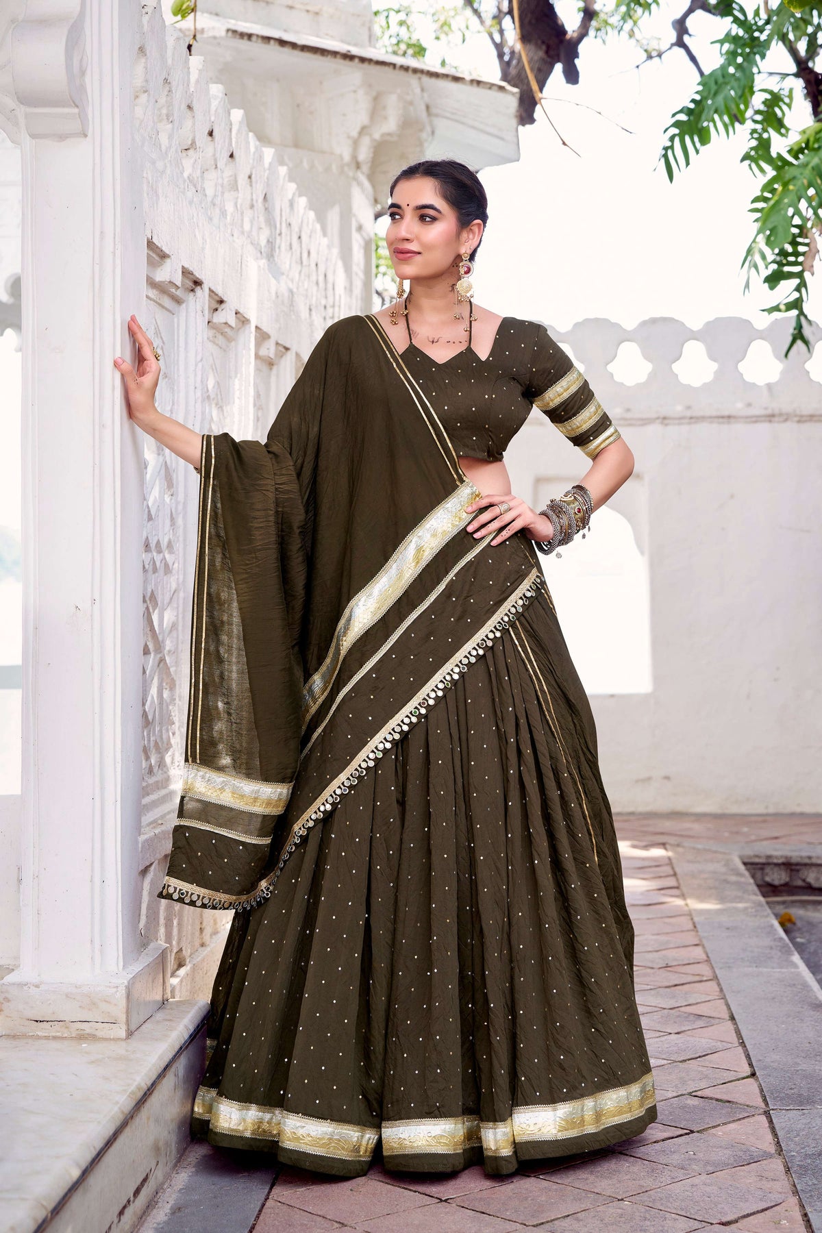 Lorenvalley Fashion Mahendi Pure Chanderi Zari Weaving Work With Embossed Design Lace Touch Up Lehenga Choli with Dupatta