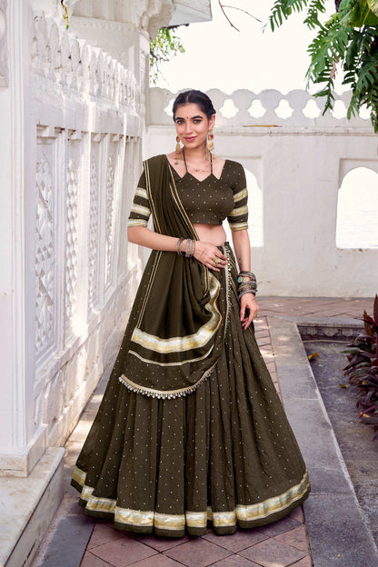 Lorenvalley Fashion Mahendi Pure Chanderi Zari Weaving Work With Embossed Design Lace Touch Up Lehenga Choli with Dupatta