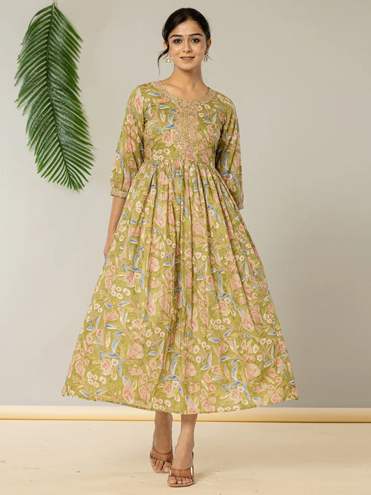Yufta Green Pure Cotton Dori Embroidery Dress