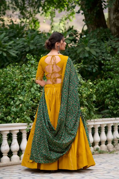 Lorenvalley Mustard Pure Cotton Plain With Gota Patti Touch Up Lehenga Choli